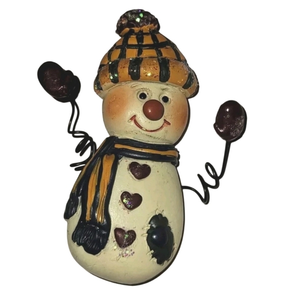 VTG Country Snowman Christmas Brooch Pin Metal Spring Wire Arms Clay Look - Picture 2 of 8